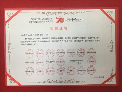 “壯麗70年 奮斗新時(shí)代”新中國(guó)成立70周年醫(yī)藥產(chǎn)業(yè)-標(biāo)桿企業(yè)-2019年10月證書(shū)